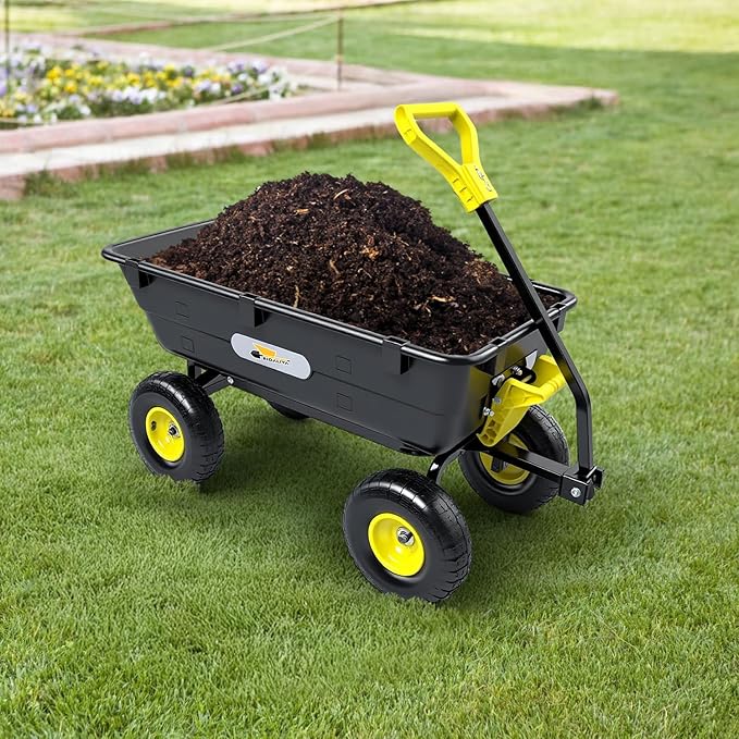 Garden Dump Cart, Heavy-Duty Utility Wagon with 900 lb Capacity, 5 Cu Ft Bed, 10" Pneumatic Tires, 180° Pivot Steering for Yard, Lawn, and Beach Use