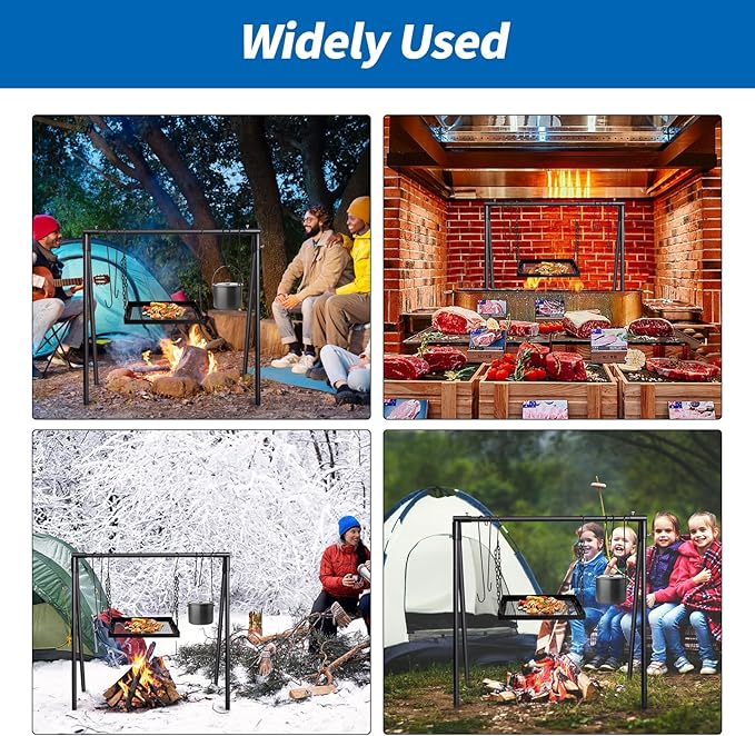 Campfire Swing Cooking Grill Stand, Collapsible Campfire Cooking Rack with Adjustable Iron Grill Grate and Hooks for Outdoor BBQ Picnic Cookware Party Dutch Oven