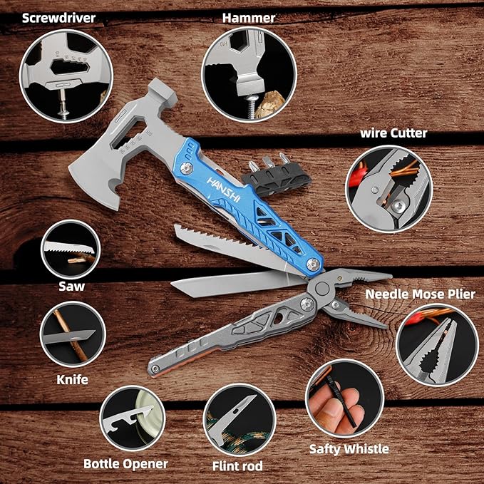 HANSHI Camping Axe Multitool with YG10 Tungsten Steel Replaceable Wire Cutters for Gift,17 in 1 Multi Tool with Spring-Action Pliers,Knife,Screwdriver,Flint Rob,Safty Whistle with Nylon Sheath (Blue)