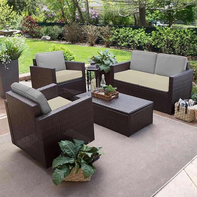 Favoyard Outdoor Chair Cushion 24 x 24 x 4 Inch Rainproof & 3-Year Fade Resistant Patio Furniture Cushions with Removable Cover and Adjustable Ties for Garden Sofa Couch Pads Set of 2, Beige