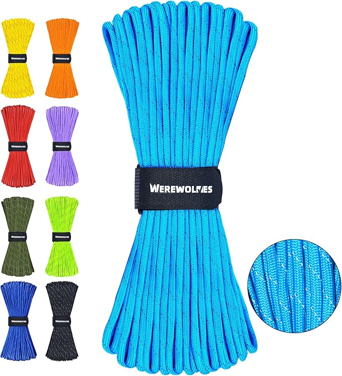 WEREWOLVES Reflective Paracord Rope 7 Strand Type III Parachute Cord 4mm 100ft / 200ft for Tent Camping Hiking Fishing Survival Tactical Clothesline DIY Projects
