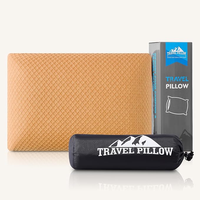 Travel Pillow Memory Foam Pillows, Camping Pillow-Compressible Medium Firm, Breathable Cover, Ideal Backpacking Hiking, Bed Pillows, Airplane and Car (Apricot Yellow, L)