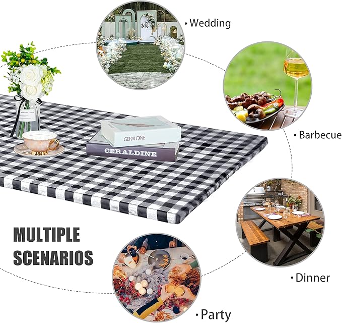 Fitable Black and White Checkered Tablecloth with Elastic - 30"x96" - Waterproof Vinyl Fitted Picnic Table Cover with Flannel Backing, Rectangle Outdoor Tablecloth for 8 Foot Table, Folding Table
