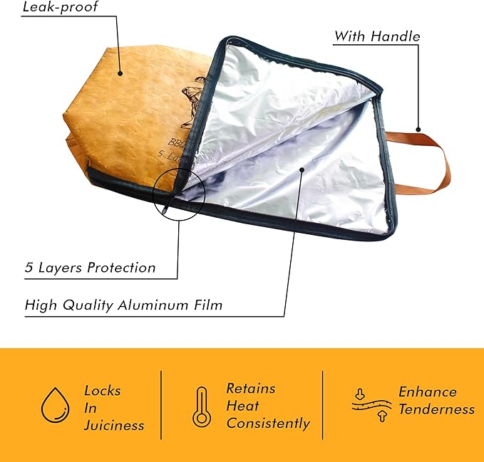 BBQ Blanket for Resting Meat, 5-Layer Insulated Meat Resting Bag for Moisture Retention and Perfect BBQ, Wide Mouth with Handle Design for Large Brisket/Pork Shoulders/Turkeys,Gifts for Men (Brown, 21 Inch)