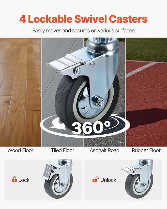 VEVOR Bedside Commode Chair with Wheels, 350 lbs Capacity, 4-in-1 Portable Toilet and Raised Toilet Seat with Padded Seat/Backrest/Flip-up Footrest, Detachable 5L Bucket, Shower Wheelchair for Seniors