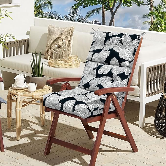 LVTXIII Outdoor Seat/Back Chair Cushion Patio Tufted High Back Cushion, Seasonal Replacement Rocking Chair Cushion with Ties (44” L x 22W”, Set of 2, Black Lush Leaf)