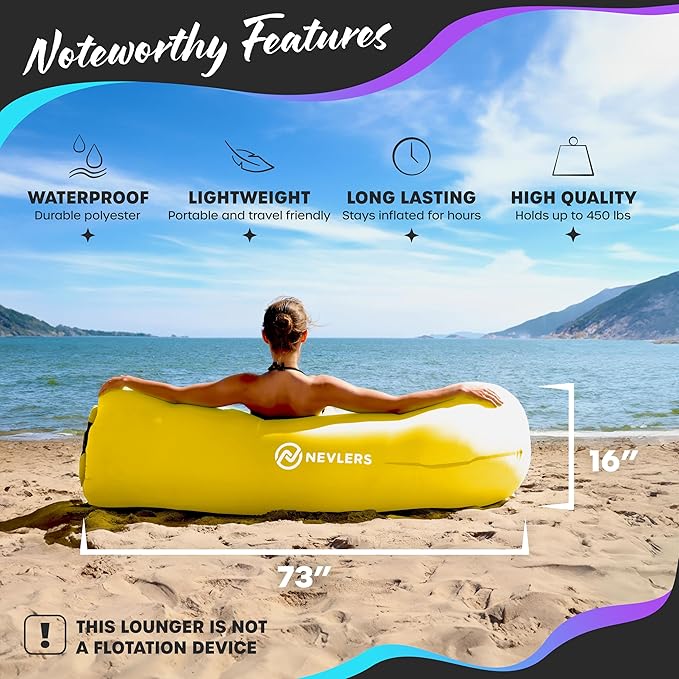 Nevlers Inflatable Lounger | 210T Polyester Inflatable Chair | No-Pump Blow Up Couch | Camping Couch Air Sofa Bed w/ 450 lbs. Cap., Pockets & Matching Bag | Use as Inflatable Couch for Adults & Kids