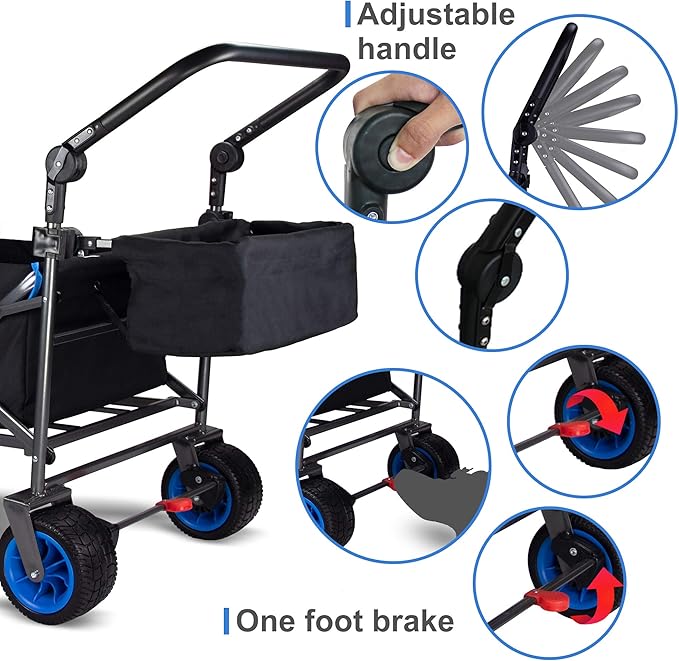 Folding Utility Wagon | Heavy-Duty Collapsible Cart with Brakes & Adjustable Handle | for Gardening, Beach Trips, Camping, Shopping & Outdoor Transport (Black Blue)