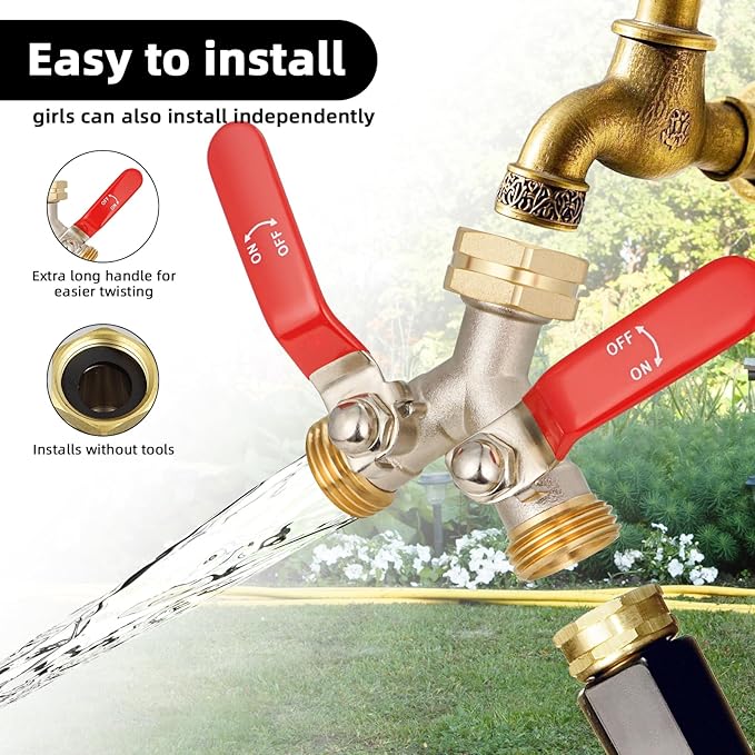 EJW Hose Splitter 2 Way, Heavy Duty Brass Garden Hose Splitter, Garden Hose Y-Valve Splitter, Full Flow Hose Splitter Connector, 3/4 Inch GHT Thread,Garden Hose Adapter 2 Way. longhand