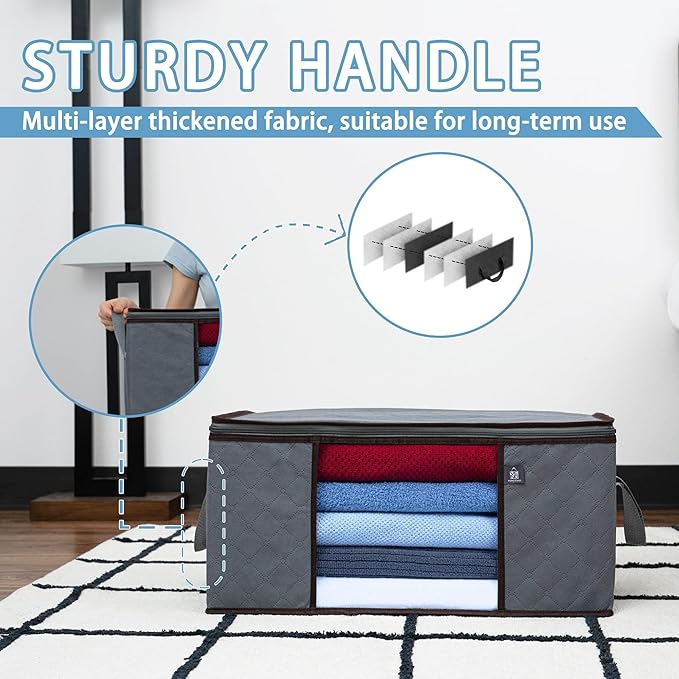 VENO 3 Pack Extra Large Clothes Storage Bag Organizer with Reinforced Handle Thick Fabric for Comforters, Blankets, Bedding, Foldable with Sturdy Zipper, Clear Window, Grey, Reusable (24 Gallon)