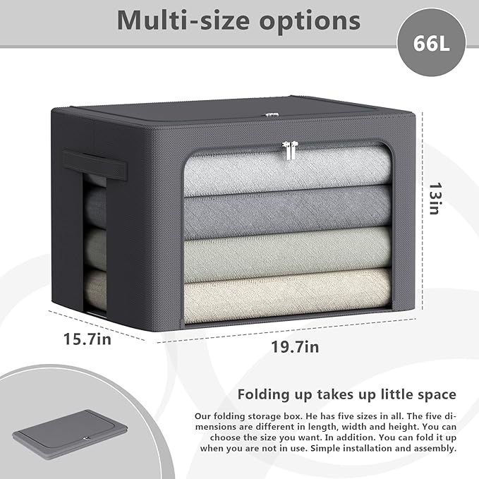 3Pack Stackable Clothes Storage Bins - Oxford Frame Storage Box Foldable Clothing Storage Container Organizer Set with Clear Window & Carry Handles Large Capacity (Dark Gray, Large-66L)