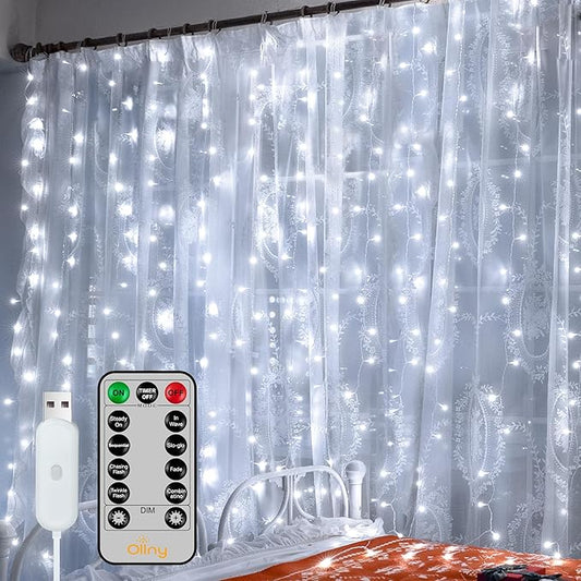 Ollny Curtain Lights 6.6x6.6ft, 200 LED White String Lights with Remote 8 Modes Dimmable Timer, USB Power Fairy Light for Bedroom Backdrop Indoor Wall Window Wedding Decor