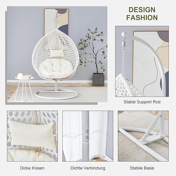 JUFU Egg Swing Chair with Stand,Hanging Egg Chair with Cushions and Pillow,Heavy Duty Lounge White Basket Chair,Indoor Outdoor Patio Porch Lounge Hammock Chair for Patio Balcony Backyard,Bedrooms