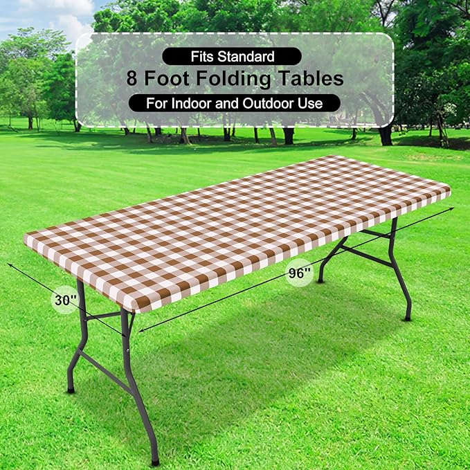 misaya Buffalo Rectangle Picnic Tablecloth, 8 Foot Elastic Fitted Vinyl Table Cloth with Flannel Backing, Waterproof Plaid Table Covers for Dining, Camping, Outdoor (Brown and White, 30" x 96")