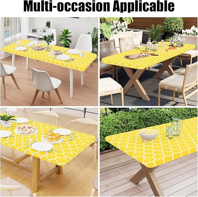 Smiry Rectangle Picnic Table Cover, Waterproof Elastic Fitted Camping Tablecloths for 8 Foot Tables, Wipeable Flannel Backed Vinyl Tablecloth Protector for Indoor, Outdoor (Yellow, 36x96 Inches)