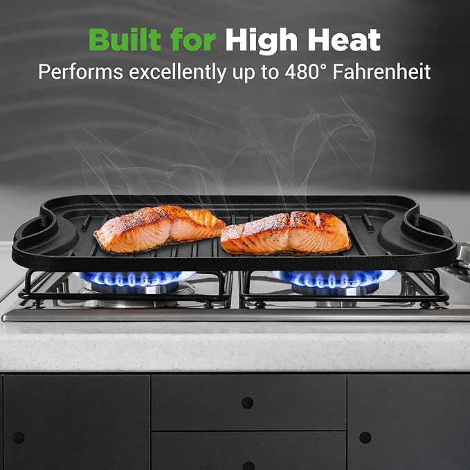 NutriChef Reversible Cast Iron Griddle – Flat & Grill Sides, Extra-Wide, Oven Safe, PFOA & PFOS Free, Compatible with Multiple Stovetops