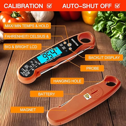 TP-01 Waterproof Digital Instant Read Meat Thermometer with 4.6 Folding Probe Backlight Calibration Function for Cooking Food Candy, BBQ Grill, Liquids,Beef(Orange)