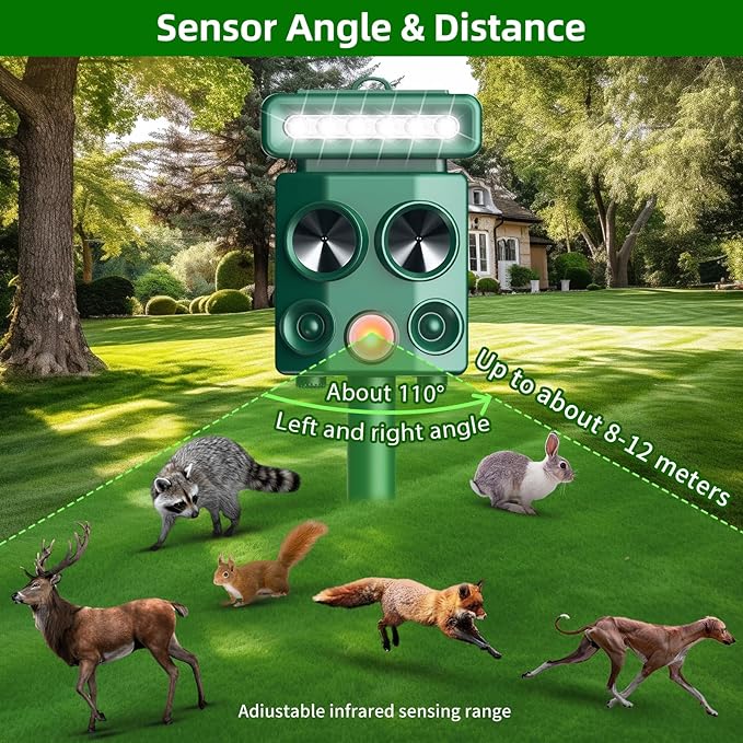 Solar Ultrasonic Animal Repeller with Motion Detection&LED Strobe Light, 2Pcs Deer Deterrent Devices Outdoor to Repel Dog Squirrel Rabbit Raccoon Repellent for Farm