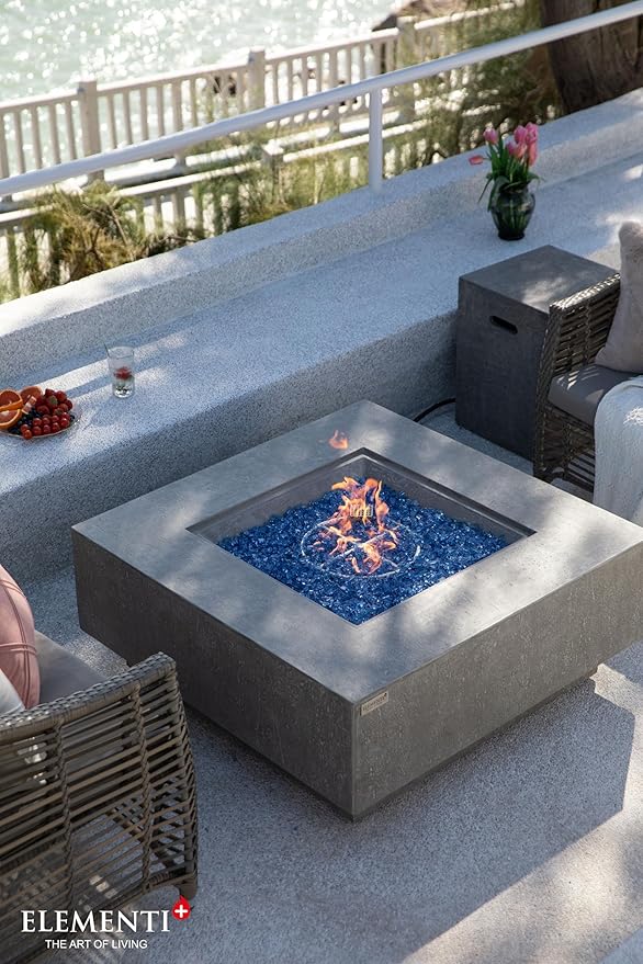 Elementi+ | Bundle Victoria Gas Fire Pit Cast Concrete 40" Square Fire Table, Outdoor Fire Pit Electronic Ignition | Canvas Cover, Fire Glass and Burner Lid Included | Light Gray | Propane Gas