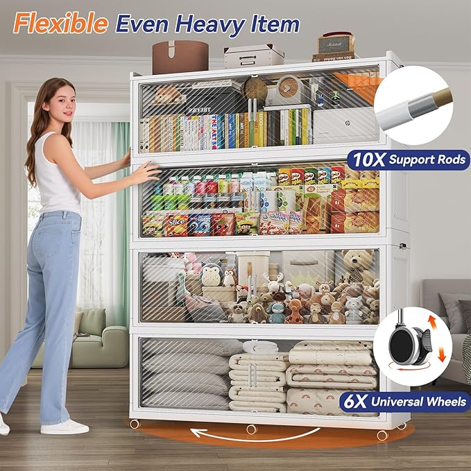 150GAL Extra Large Stackable Storage Bins with Lid, 600QT Plastic Closet Organizer and Storage Cabinet with Wheels and Doors, Folding Storage Box Container for Home Organization, 3Pack White