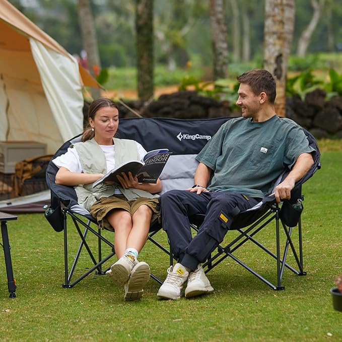 KingCamp Double Camping Chair, Oversized Heavy Duty Loveseat for Adults Portable Folding XL 2 Person Couch Padded Comfortable Two Seat with Cup Holder for Outdoor Lawn Backyard