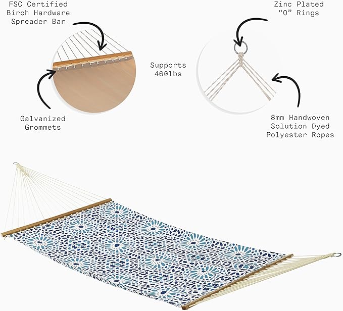 Fab Habitat Farmhouse Recycled Polyester Hammock - Mosaic Tile - Blue - Indoor/Outdoor, Quick Dry, 2 Person 460 lbs Capacity - Patio, Poolside, Backyard, Garden, Beach, Balcony - 12-14 ft Adjustable