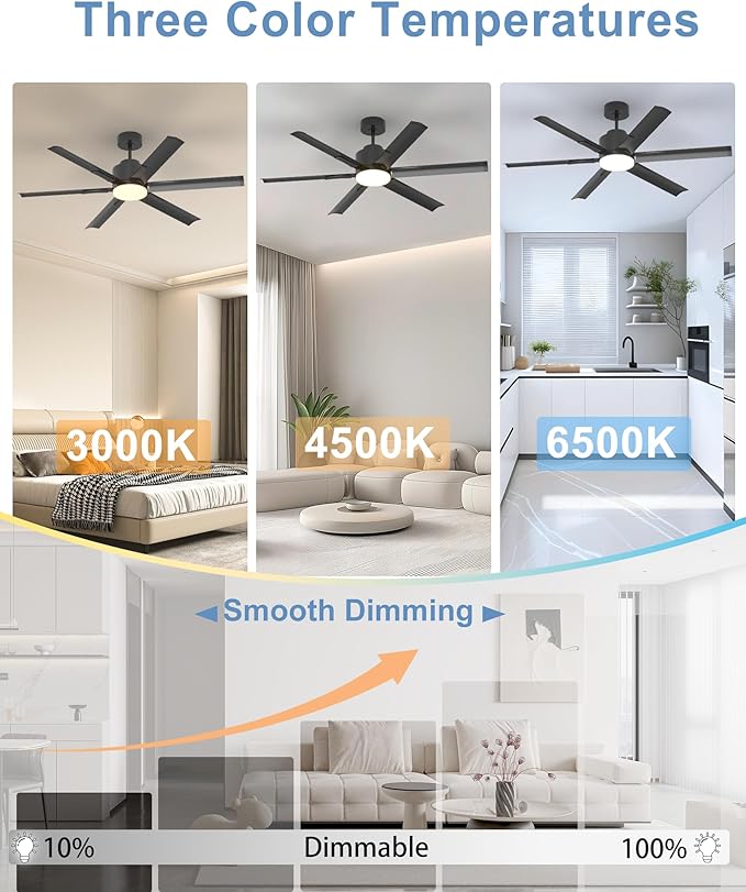 JAYNLT 60 Inch Ceiling Fan with Light,Industrial LED Fan Lights with 6 Aluminium Blades,Large Ceiling Fan - Remote/APP Control, Air Reversible 6 Speed 3 Colors Noiseless DC Motor for Kitchen,Shop