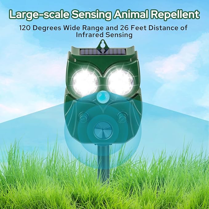 [2025 Upgrade] Solar Animal Repellent Outdoor for Deer Squirrel Mole Rabbit Cat Skunk Bird Raccoon Dog, Waterproof Ultrasonic Pest Repeller with Motion Detector and LED for Yard Lawns Garden 2 Pack