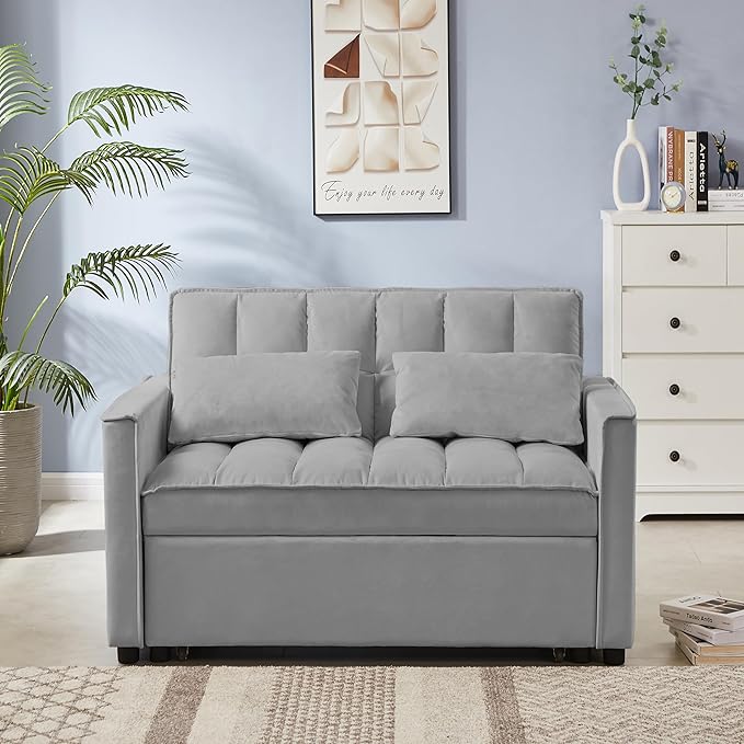53" Convertible Sofa Bed with Pull-Out Bed - Velvet 3-in-1 Reclining Futon Loveseat, Space-Saving Sleeper Couch with Adjustable Backrest & Side Pockets, Modern Living Room Furniture (Grey, Full Size)
