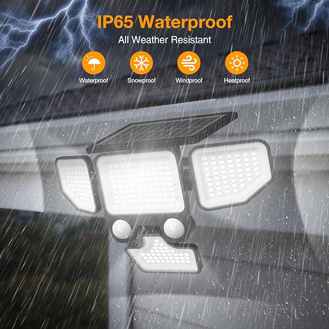 3000LM Solar Lights Outdoor, 4 Heads Solar Security Lights with Remote Control, IP65 Waterproof Motion Sensor Lights 3 Modes Flood Lights for Wall, Porch, Yard, Outside, 1 Pack