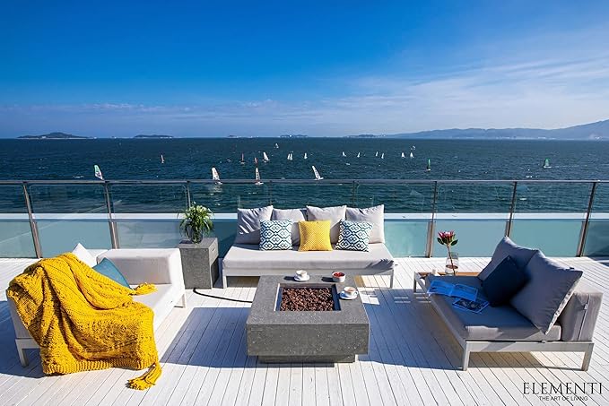 Elementi | Manhattan Gas Fire Pit Cast Concrete 36" Square Fire Table, Outdoor Fire Pit Electronic Ignition | Canvas Cover, Lava Rock Included | Light Gray (Natural Gas)