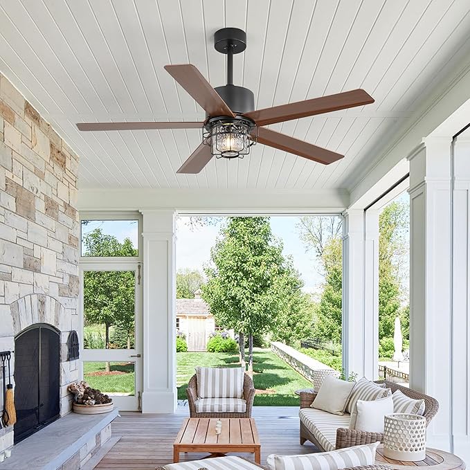 52-Inch Outdoor Fan Light,with Light and Remote Control,6-Speed Reversible DC Motor,Adjustable Height, Suitable for Pavilions and Porches.(Wood Grain)