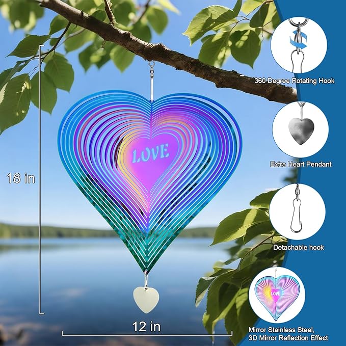 18 inch Wind Spinners Outdoor, Metal Hanging Bird Reflectors for Outside Stainless Steel Sparkly Bird Devices to Scare Birds Away from Yard Decoraction Patio Art Whirligig Love Gifts