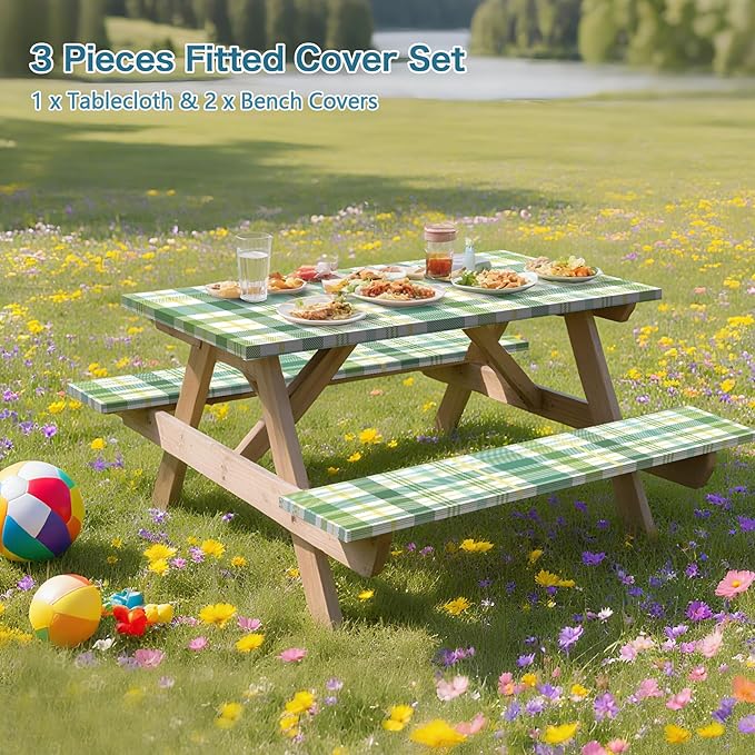 Green Picnic Table Cover with Bench Covers, 3 Pcs Waterproof Elastic Picnic Table Cover Outdoor Camping Essentials, Windproof Fitted Tablecloth for Indoor Outdoor (Plaid, 60X30 Inch)