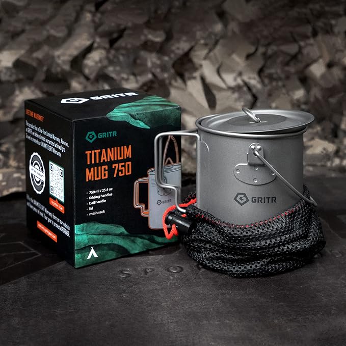 GRITR Titanium Mug, 15.2 fl oz / 25.4 fl oz | Camping, Backpacking, Picnic, Hiking, Travel, Outdoor Cooking Gear w/Lid & Folding Handles | Ultralight Multi-Purpose Metal Cup for Water, Coffee, Tea