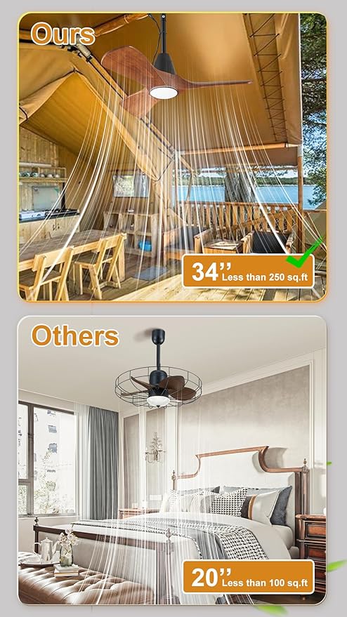3 Blades Wood Outdoor Ceiling Fan with Light for Patios, Farmhouse Rustic Ceiling Fans with Lights, 34" Plug-In Wet Rated Outdoor Gazebo Fan with Light for Exterior House Porch Patio, Waterproof, F245