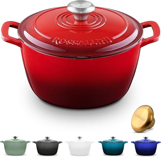 Signature Enameled Cast Iron Dutch Oven, Non-Stick Serving Pot with Tight Fitting Lid for Perfect Roasting, Baking, Sauteing, and Bread Making | 5.5Q (5.2L) - Red