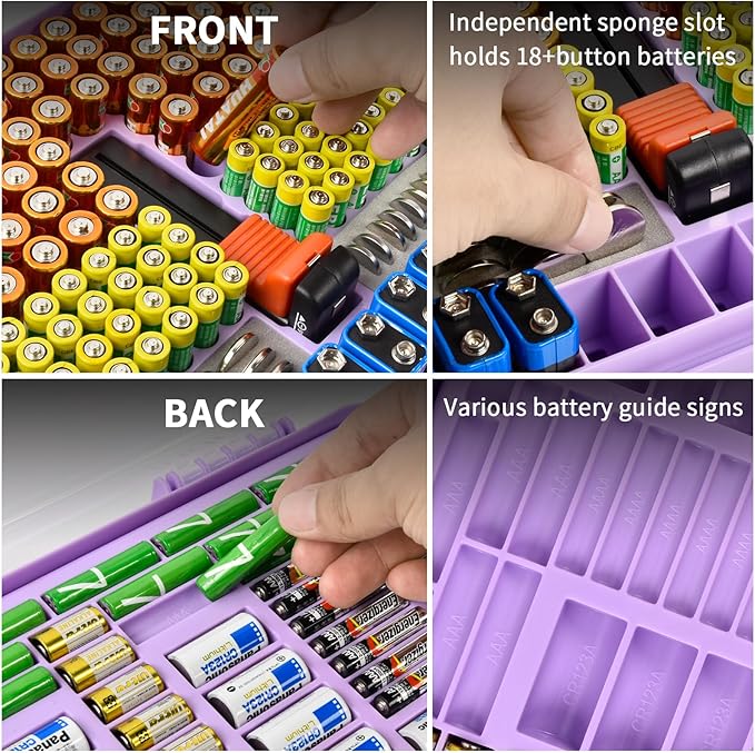 Battery Organizer Storage Holder Box Case with Tester- 269 Batteries Double-Sided Variety Pack, Holds AA AAA 4A C D Cell 9V 3V Lithium LR44 CR2 CR123 CR1632 18650 Button- Purple (Box Only)