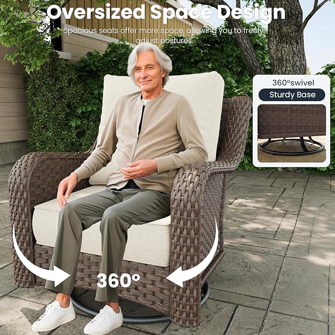 8 Pieces Outdoor Patio Furniture Sets with Rocking Swivel Chairs with 6-inch Thick Cushion and Fire Pit Table for Deck Lawn