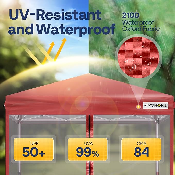 VIVOHOME 8x8ft Easy Pop-Up Canopy, Outdoor Screen Tent with Mosquito Netting, 2 Zipper Doors, and Roller Bag for Yard Camping Picnic Party Events, Red