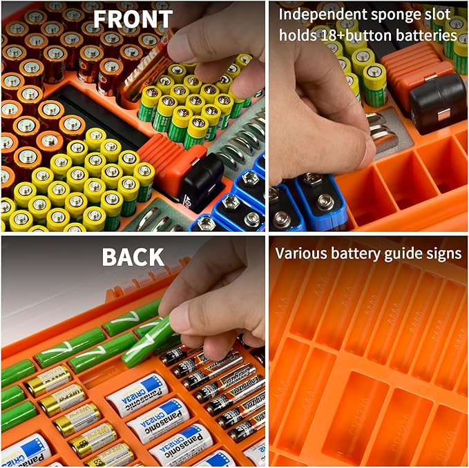 Battery Organizer Storage Holder Box Case with Tester- 269 Batteries Double-Sided Variety Pack, Holds AA AAA 4A C D Cell 9V 3V Lithium LR44 CR2 CR123 CR1632 18650 Button- Orange (Box Only)
