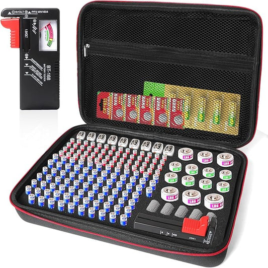 Battery Storage Organizer with Tester BT-168, Waterproof Battery Case for aaa,aa,c,d, 9v, Holds Up to 198 Batteries Container (Batteries Not Included)