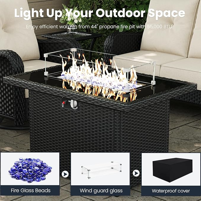 5 Pieces Outdoor Patio Furniture Sets with Rocking Swivel Chairs with 6-inch Thick Cushion and Fire Pit Table for Deck Lawn