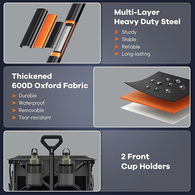 220L Collapsible Wagon Cart Foldable, 460LB Load Capacity Heavy Duty Folding Beach Wagons with Big All-Terrain Wheels, Utility Carts for Groceries, Shopping, Camping, Sports - Grey&Black