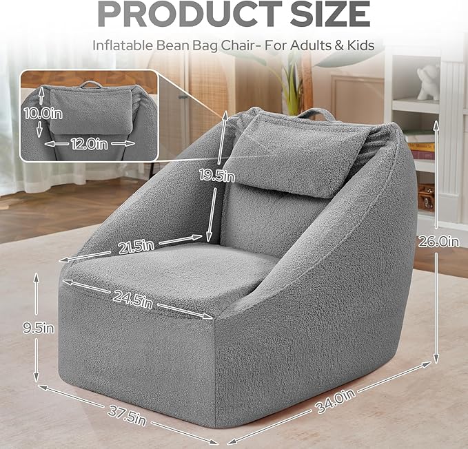 HABUTWAY Inflatable Bean Bag Chairs for Adult Blow up Chair Portable Inflatable Bean Bag Couch w/Electric Air Pump,Handle & Side Pocket for Movie Night Reading Gaming Living Room - Light Grey