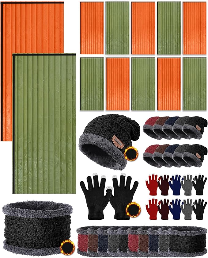 Tranqun Emergency Sleeping Bags Bulk with Winter Hat Gloves Scarf, Survival Sleeping Bag Bivy Sack Waterproof Lightweight Thermal Blanket Gear for Camping Hiking Outdoors Homeless