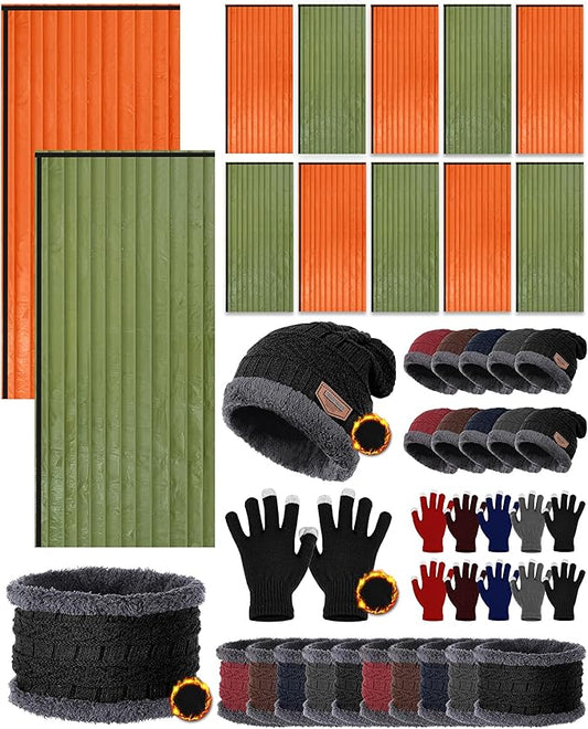 Tranqun Emergency Sleeping Bags Bulk with Winter Hat Gloves Scarf, Survival Sleeping Bag Bivy Sack Waterproof Lightweight Thermal Blanket Gear for Camping Hiking Outdoors Homeless