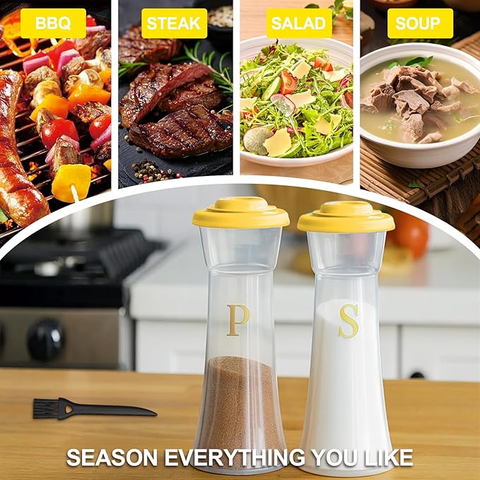 Set of 2 Clear Salt and Pepper Shakers, Plastic Spice Jars with Colorful Lids, Leakproof Moisture-Proof for Home Kitchen Restaurant, Camping, Travel, Picnic (Yllow)