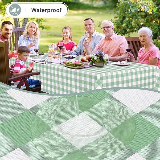 misaya Rectangle Waterproof Vinyl Table Cloth, Buffalo Flannel Backed Tablecloth, Wipeable Plastic Table Cover for Dinner, Kitchen, Outdoor (60" x 84", Sage Green and White)