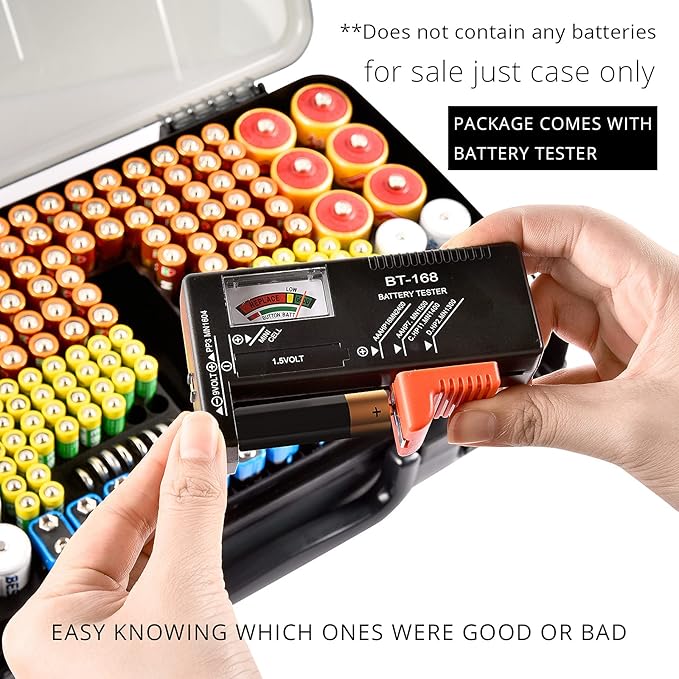 Battery Organizer Storage Holder Box Case with Tester- 269 Batteries Double-Sided Variety Pack, Holds AA AAA 4A C D Cell 9V 3V Lithium LR44 CR2 CR123 CR1632 18650 Button- Grey
